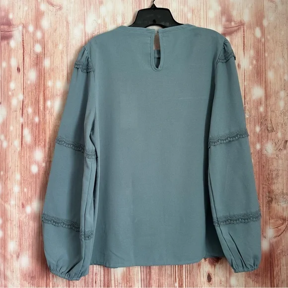 Grace Karin Blue Lace Ruffle Crewneck Blouse Size L - Picture 7 of 12